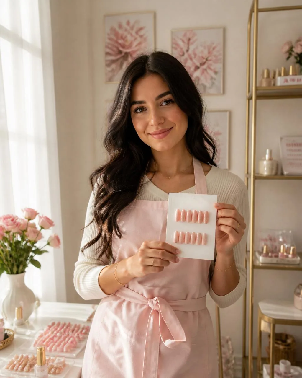 Christena in her handmade nail studio holding a set of press-on nails