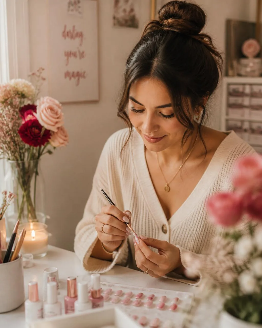 Christena hand-painting a custom press-on nail set